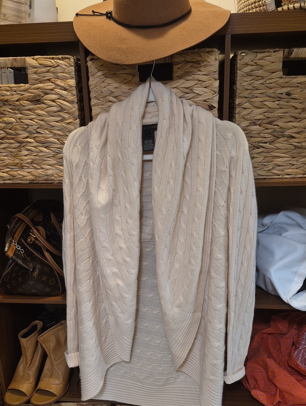 Ralph Lauren Cashmere Cable-Knit Shawl Collar Cardigan Cream Medium